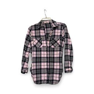 No Boundaries Kids Plaid Button Down Shirt - Pink and Black